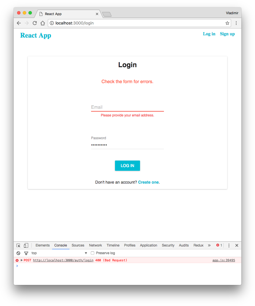Login form with errors