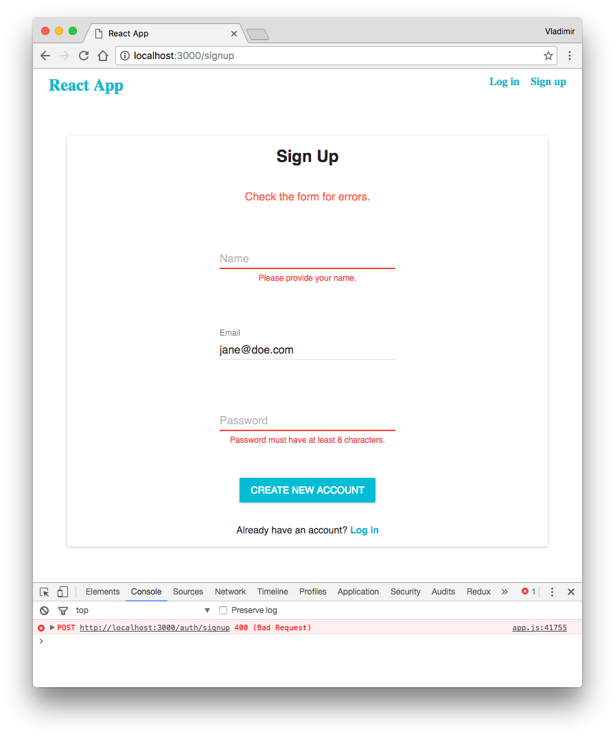 Sign-up form with errors