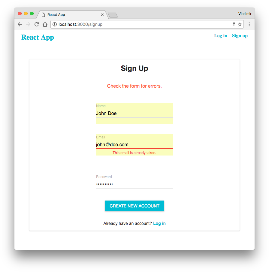 The Sign-up Form with a Duplicated Email Address